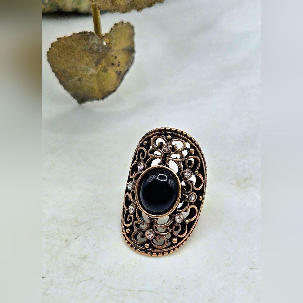 "5/$40" Vintage Brass Black Cabachon Rhinestone Boho Wide Statement Ring